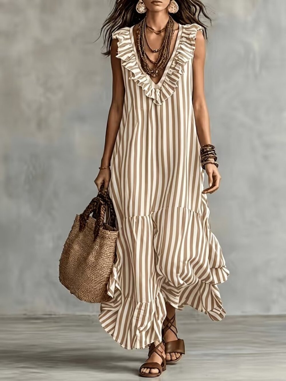 Striped V Neck Fitted Maxi Dress Vintage Resort Style XL NWT